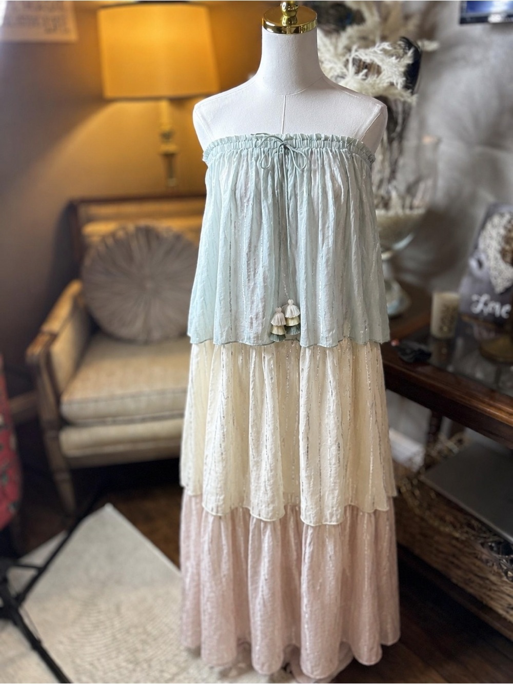 PQ Swim Strapless Tiered Maxi Chemise in Mint, Cream & Blush Boho,Coastel Resort